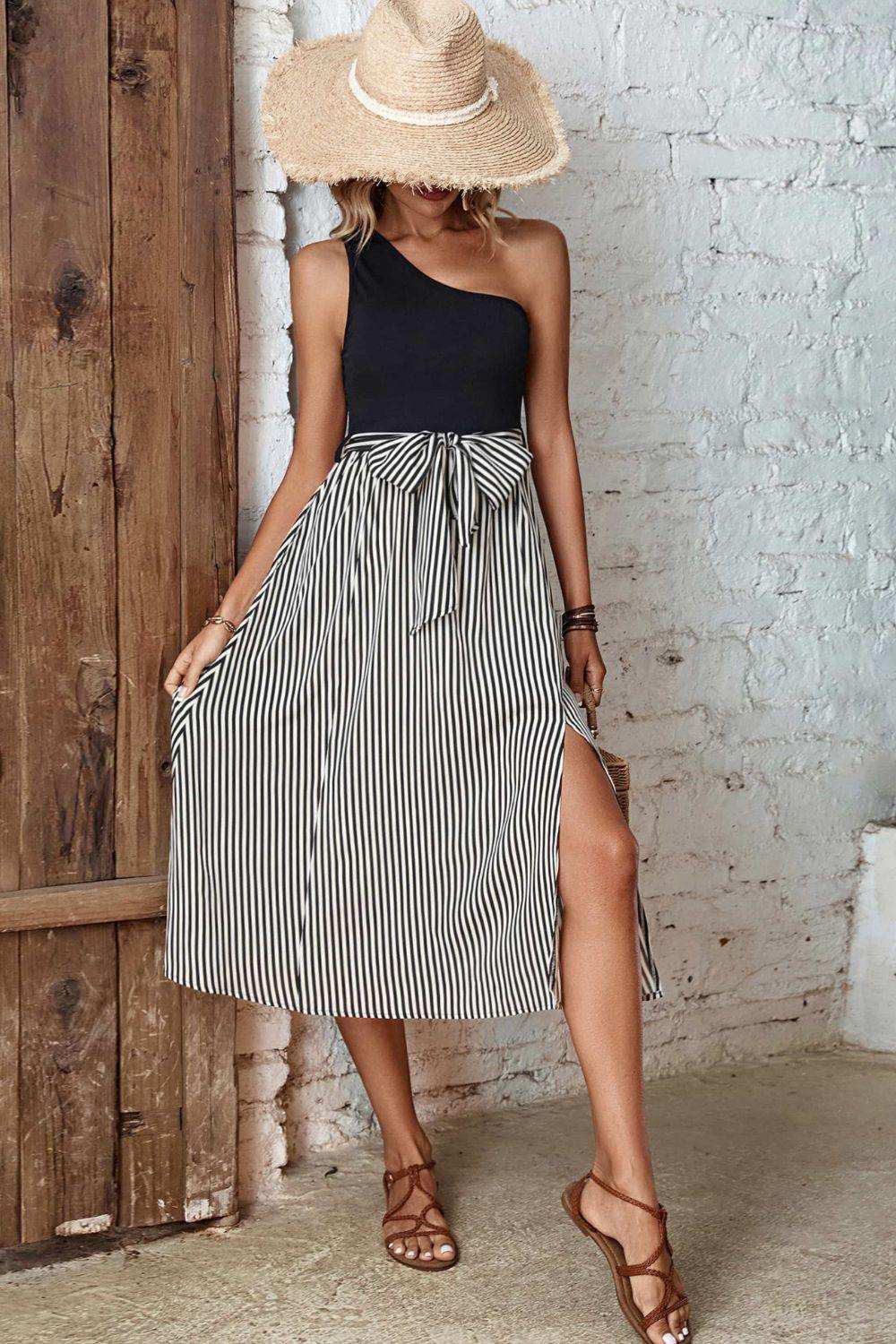 Striped One-Shoulder Slit Dress - Trendsi - Flyclothing LLC