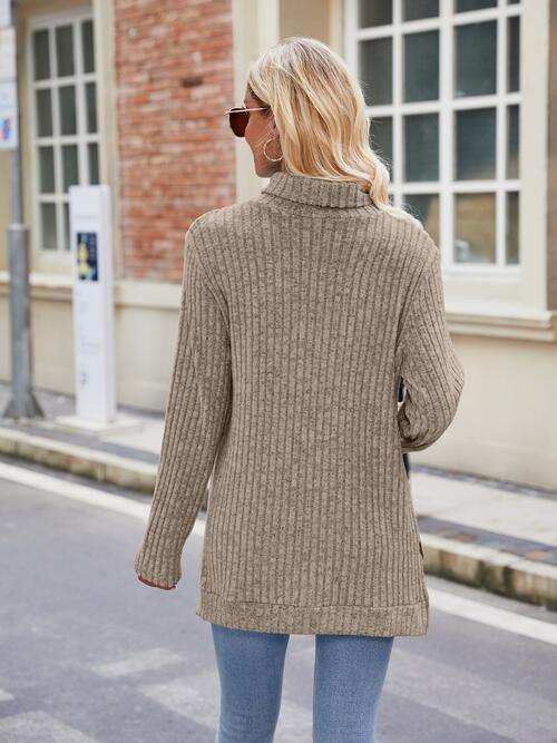 Ribbed Turtleneck Long Sleeve Slit Knit Top - Trendsi - Flyclothing LLC