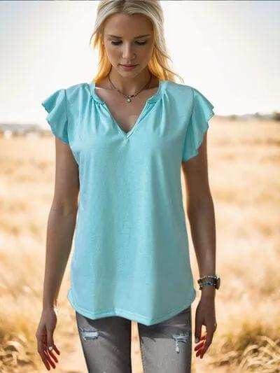 Ruffled Notched Cap Sleeve Tank - Trendsi - Flyclothing LLC