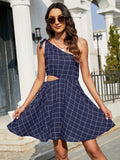 Grid One-Shoulder Tied Cutout Dress - Trendsi - Flyclothing LLC