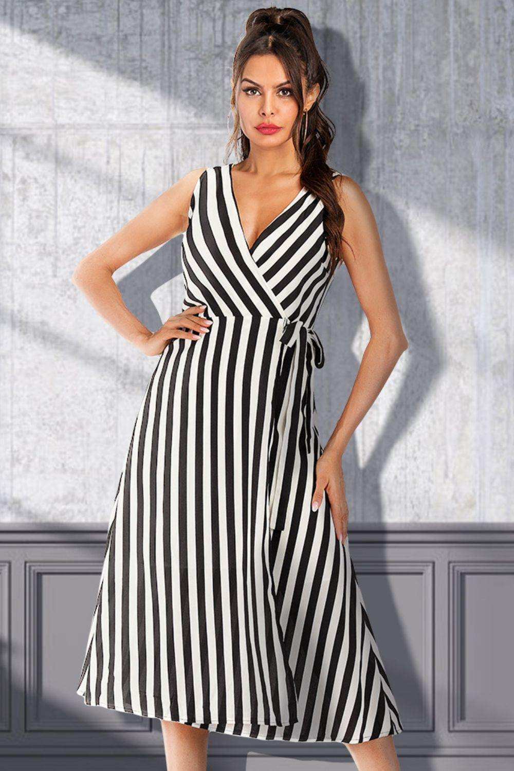 Striped Surplice Tied Sleeveless Dress - Trendsi - Flyclothing LLC