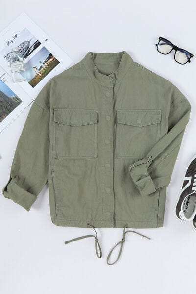 Drawstring Snap Down Dropped Shoulder Denim Jacket - Trendsi - Flyclothing LLC