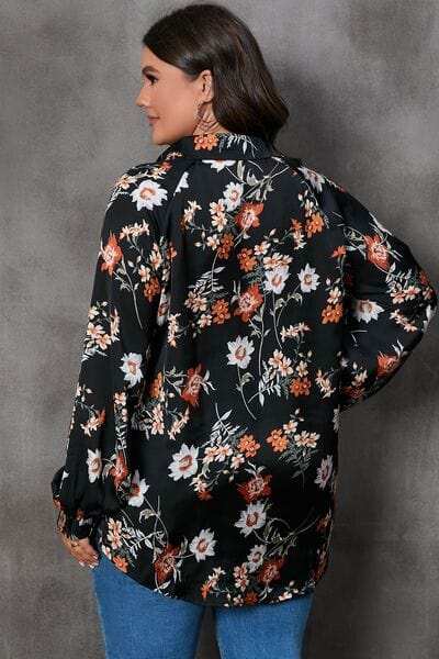 Plus Size Printed Johnny Collar Long Sleeve Blouse - Trendsi - Flyclothing LLC