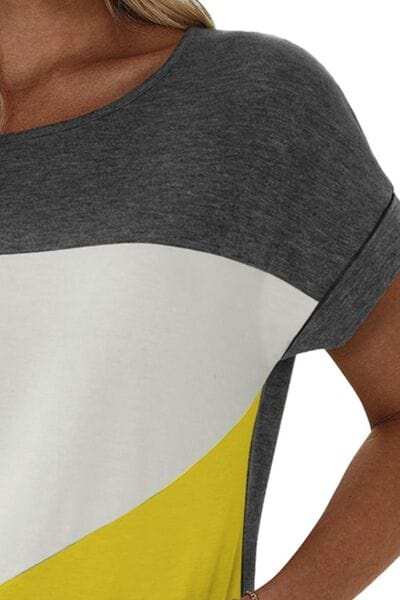 Color Block Round Neck Short Sleeve T-Shirt - Trendsi - Flyclothing LLC