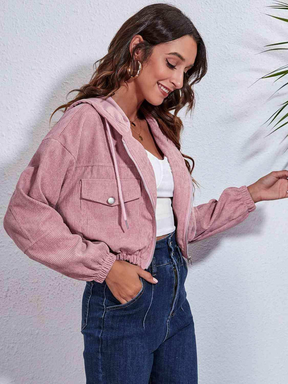 Drawstring Hooded Zip Up Jacket with Pockets - Trendsi - Flyclothing LLC