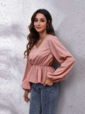 V-Neck Balloon Sleeve Peplum Blouse - Trendsi - Flyclothing LLC