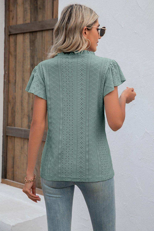 Eyelet Notched Neck Flutter Sleeve Top - Trendsi - Flyclothing LLC