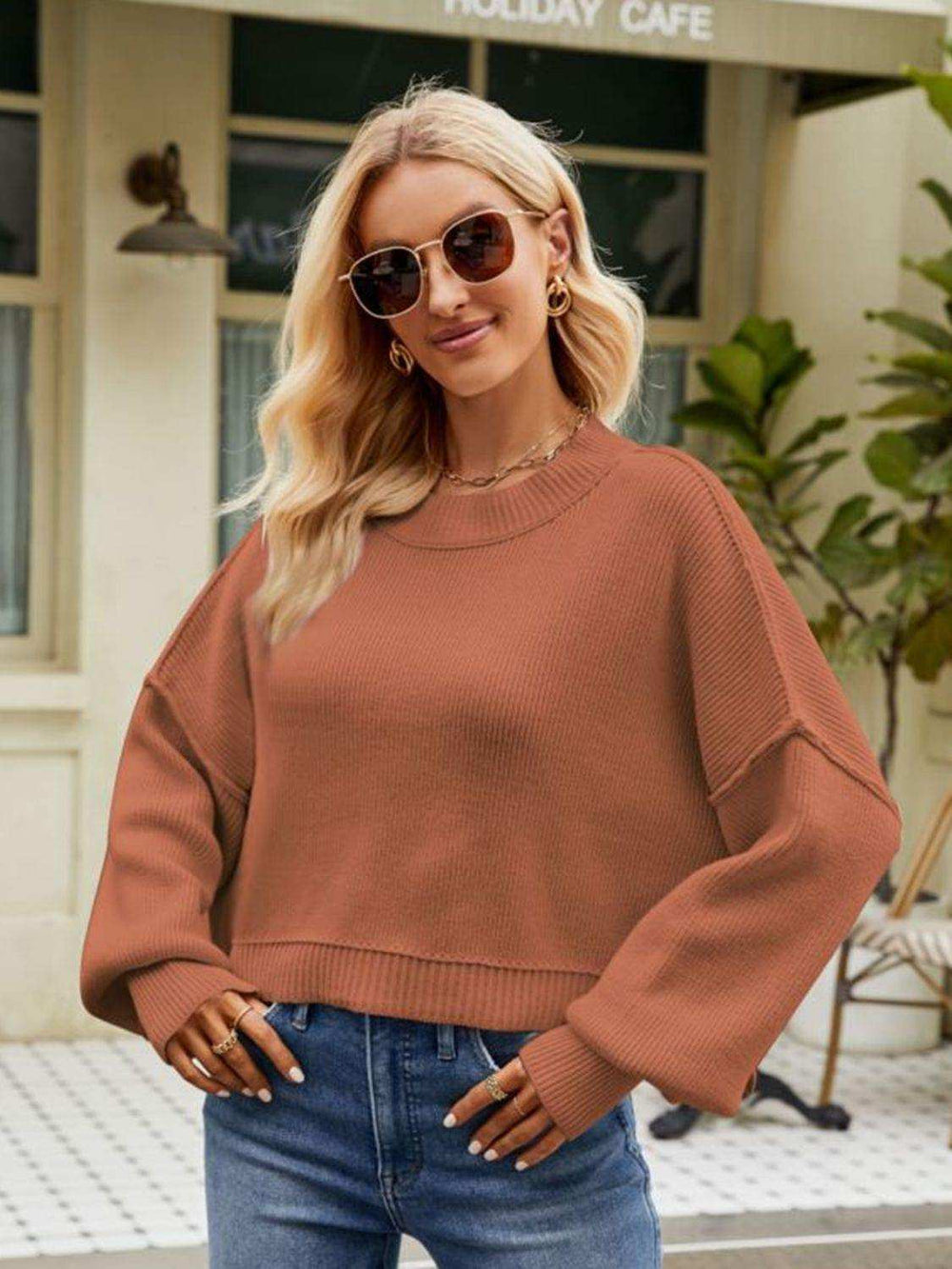 Round Neck Dropped Shoulder Sweater - Trendsi - Flyclothing LLC