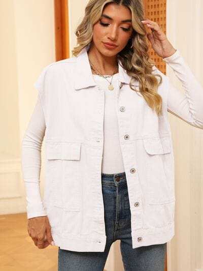 Pocketed Button Up Sleeveless Denim Jacket - Trendsi - Flyclothing LLC
