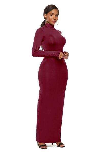 Mock Neck Long Sleeve Maxi Slim Dress - Trendsi - Flyclothing LLC
