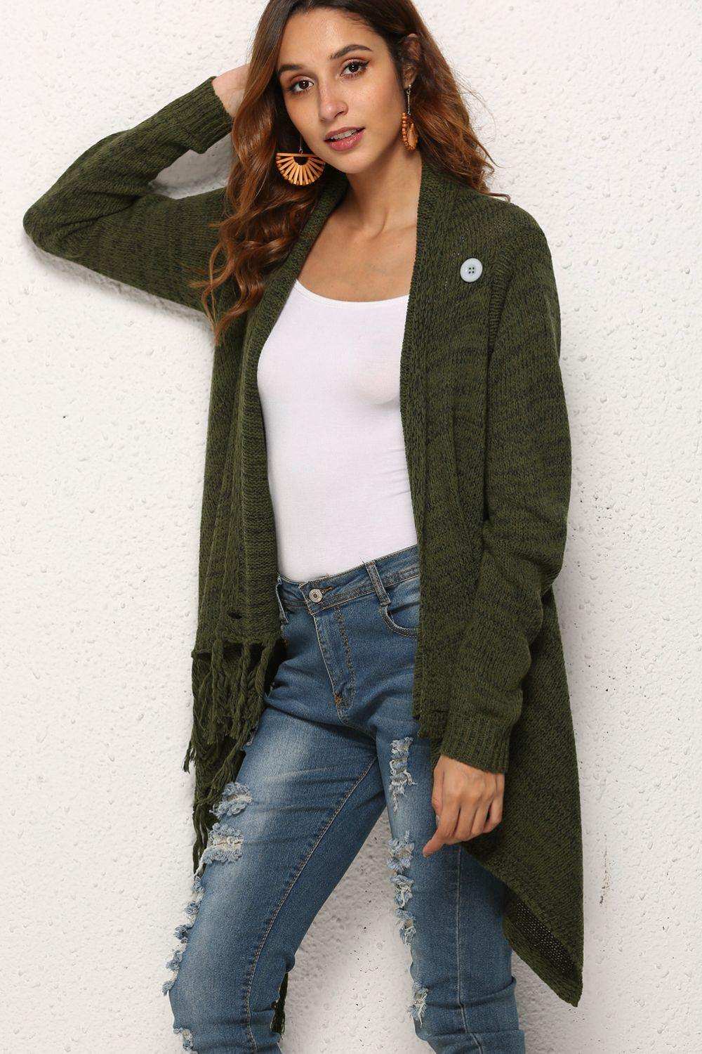 One-Button Tassel Tie Asymmetrical Hem Cardigan - Trendsi - Flyclothing LLC
