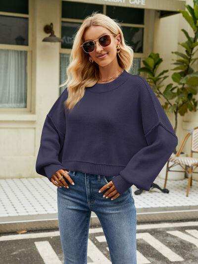 Round Neck Lantern Sleeve Sweater - Trendsi - Flyclothing LLC