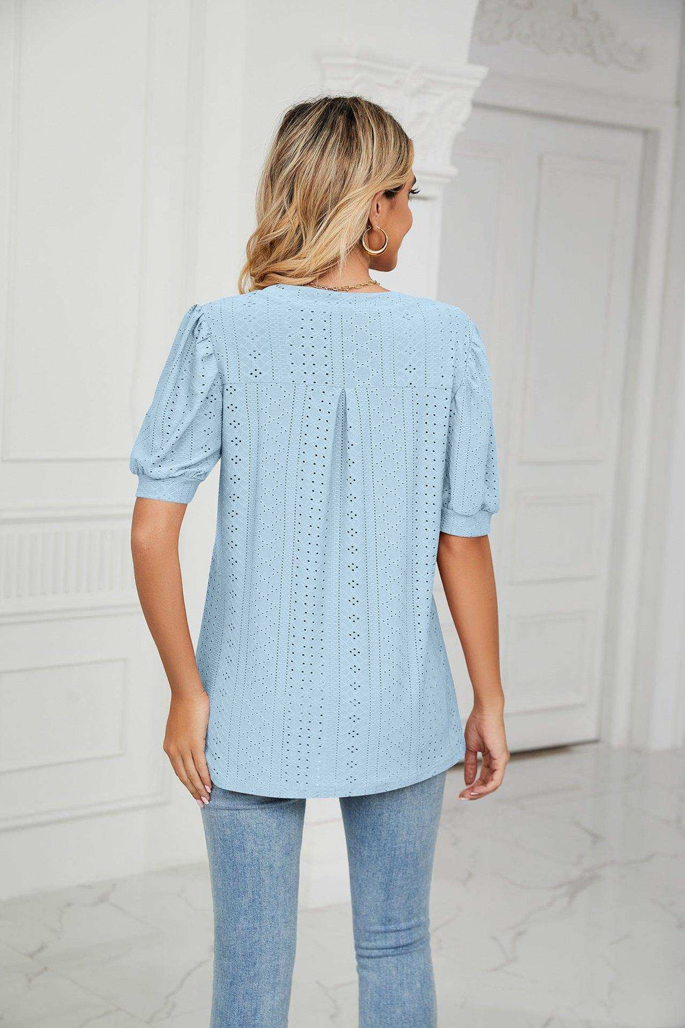 Eyelet Short Puff Sleeve Notched Neck Top - Trendsi - Flyclothing LLC