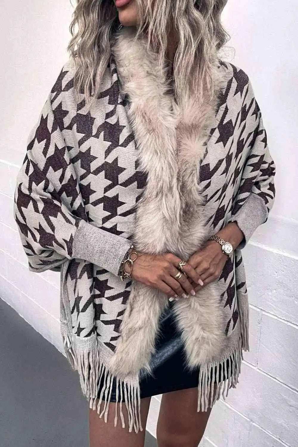 Houndstooth Fringe Hem Poncho - Trendsi - Flyclothing LLC