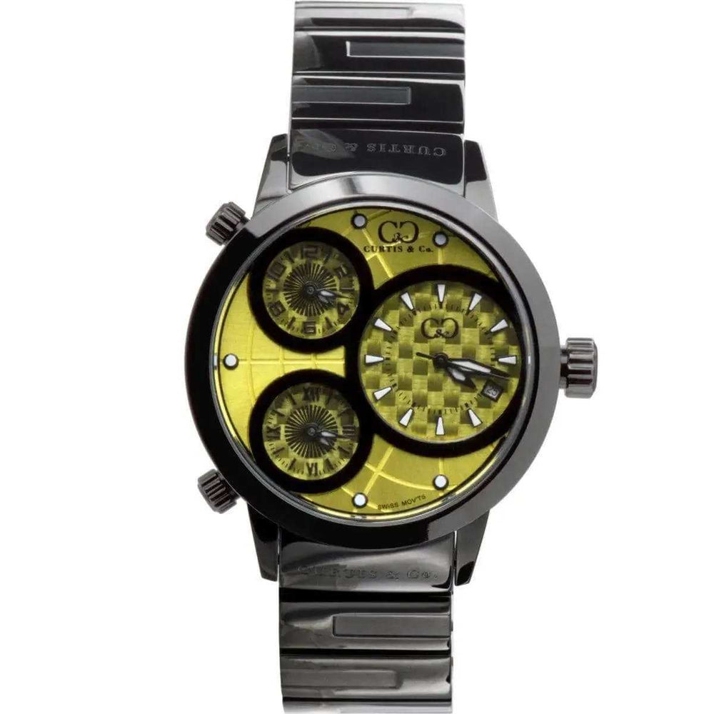 Curtis & Co Big Time World 50mm 3 Time Zone Yellow Dial Watch - Curtis and Co Watches - Flyclothing LLC