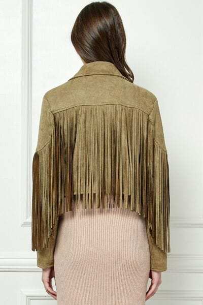 Veveret Suede Fringe Long Sleeve Moto Jacket - Trendsi - Flyclothing LLC