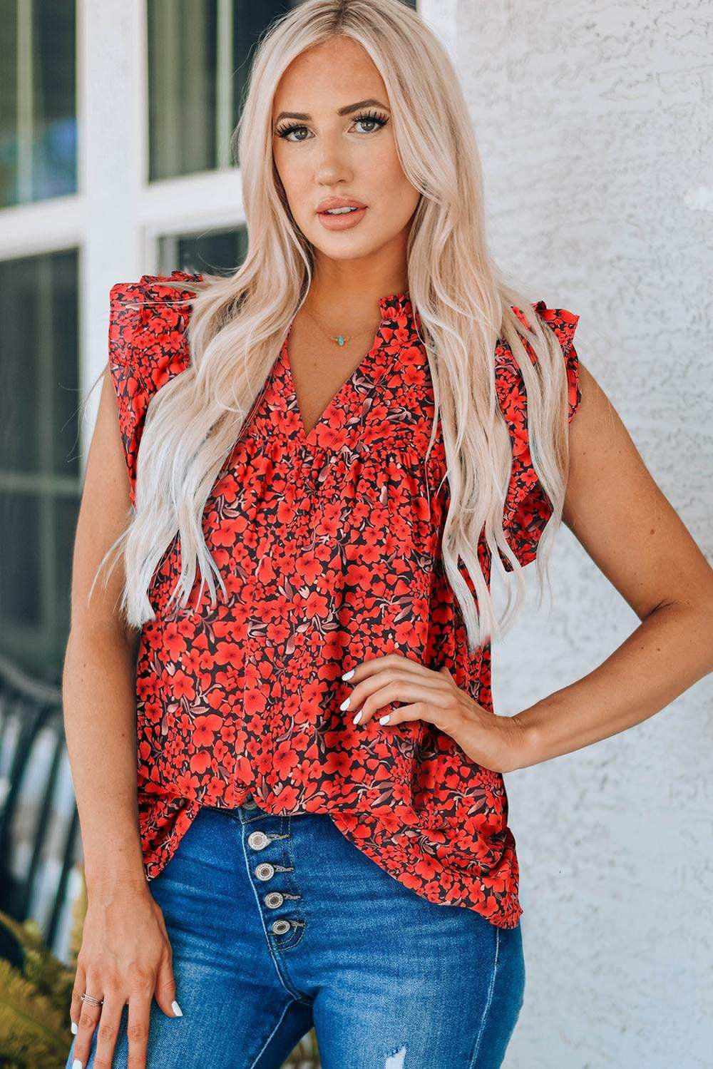 Floral Flutter Sleeve Notched Neck Blouse - Trendsi - Flyclothing LLC