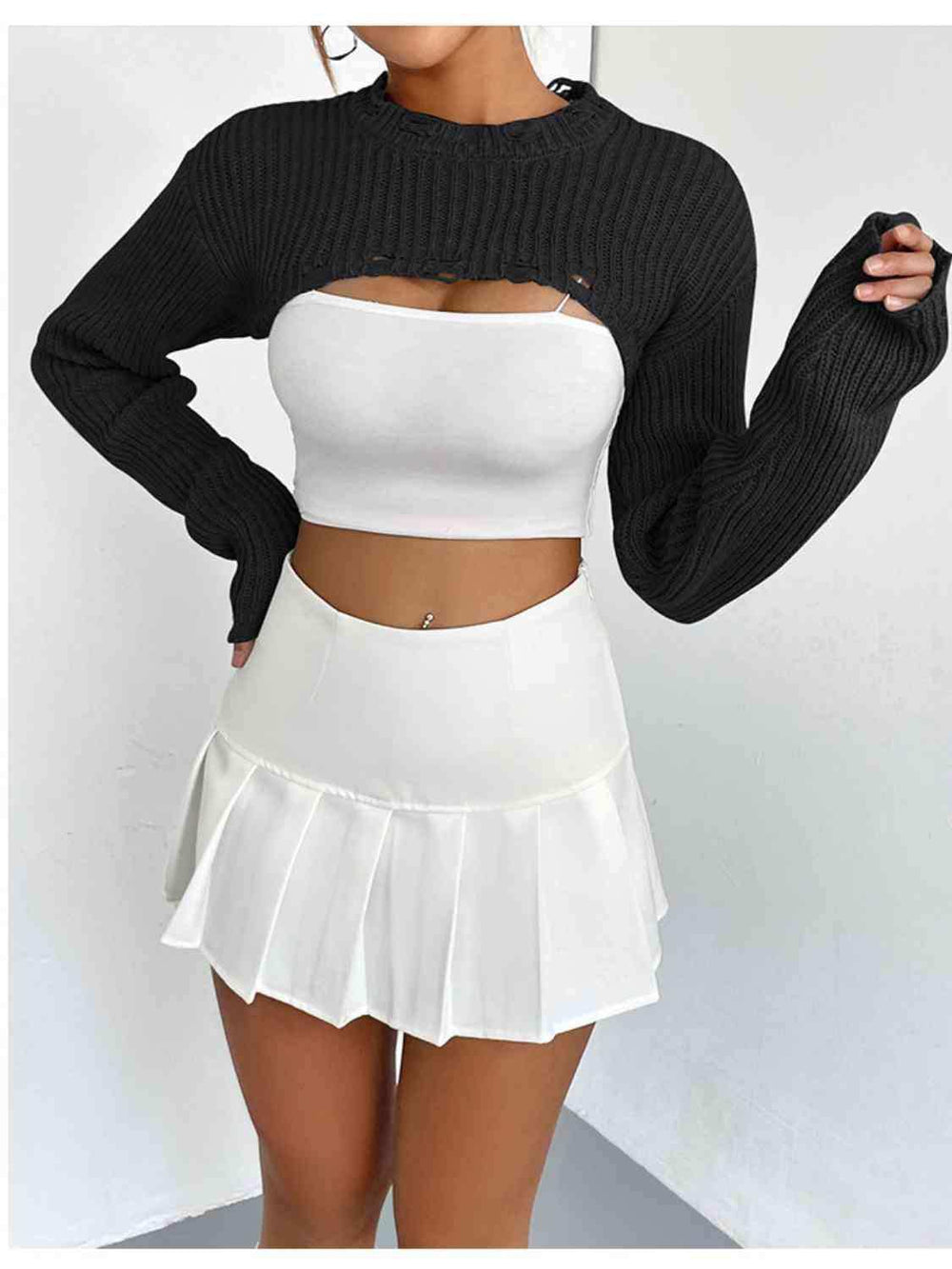 Distressed Long Sleeve Cropped Sweater - Trendsi - Flyclothing LLC