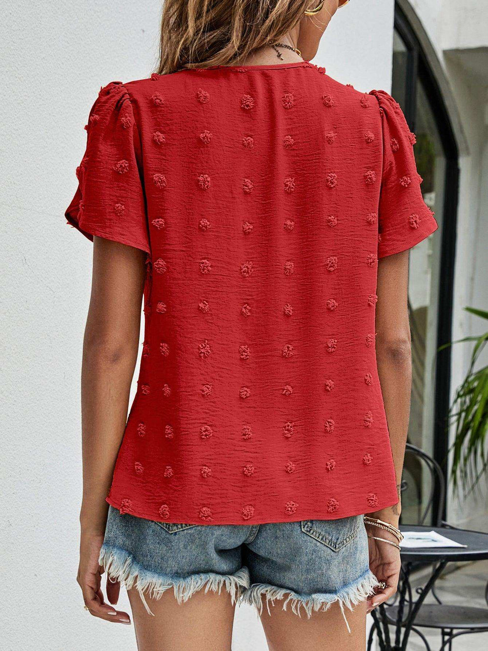 Swiss Dot Round Neck Petal Sleeve Top - Trendsi - Flyclothing LLC