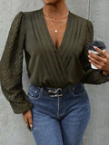 Ruched Surplice Long Sleeve Bodysuit - Trendsi - Flyclothing LLC