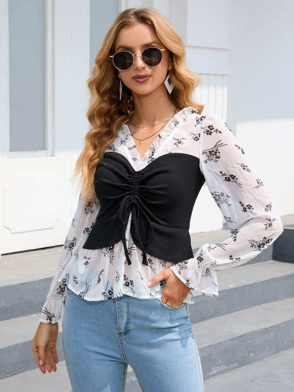Floral Frill Trim Flounce Sleeve Drawstring Blouse - Trendsi - Flyclothing LLC