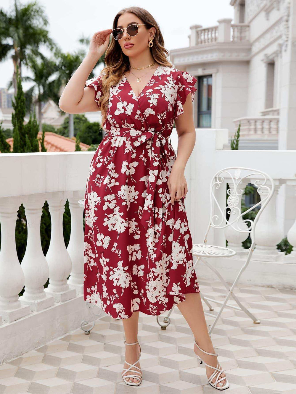 Plus Size Floral Tie Waist Surplice Neck Midi Dress - Trendsi - Flyclothing LLC