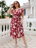 Plus Size Floral Tie Waist Surplice Neck Midi Dress - Trendsi - Flyclothing LLC