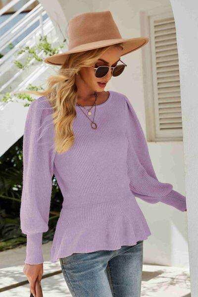 (No)Ribbed Round Neck Lantern Sleeve Sweater - Trendsi - Flyclothing LLC