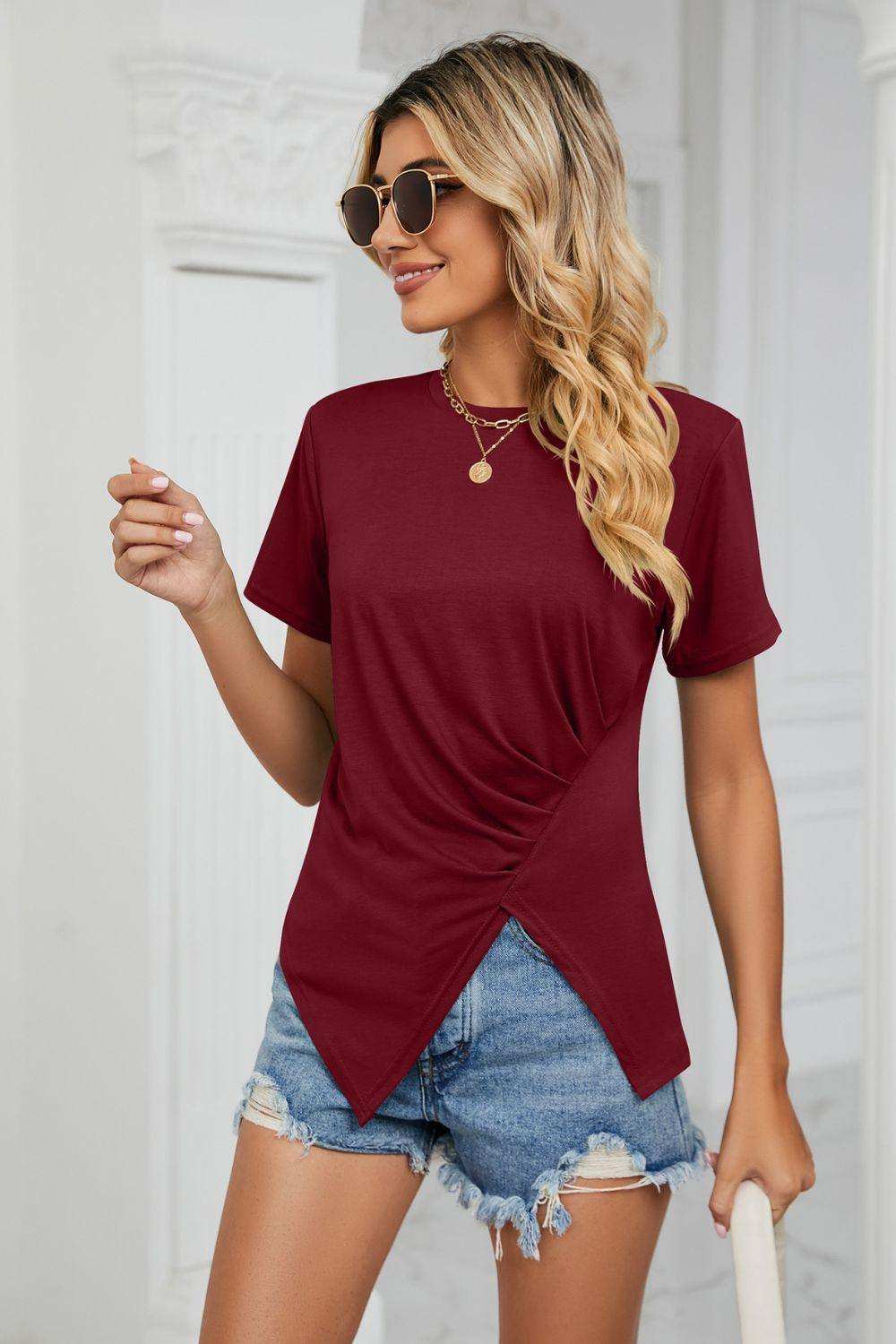 Ruched Hem Detail Crewneck Tee - Trendsi - Flyclothing LLC