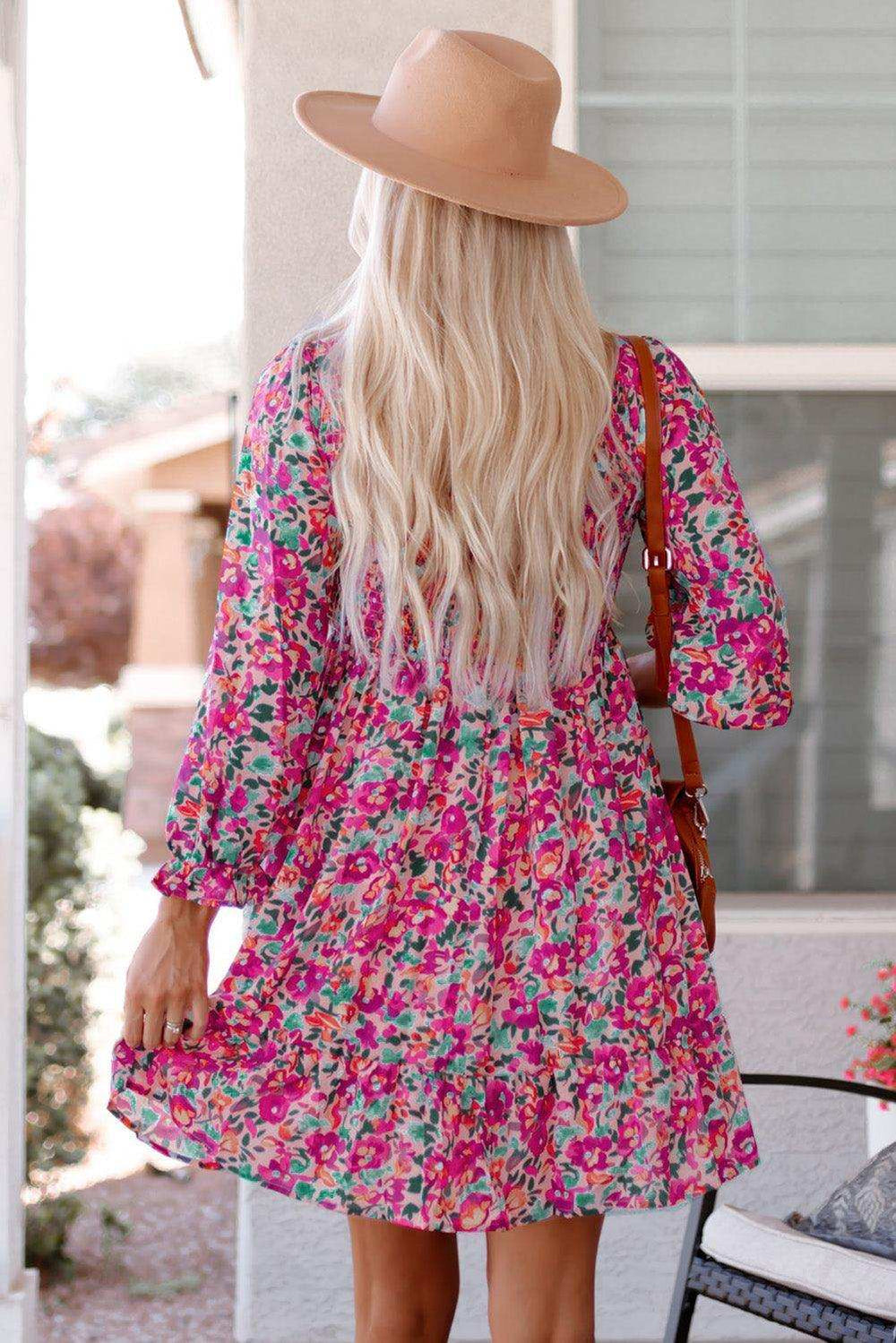 Floral Smocked V-Neck Flounce Sleeve Dress - Trendsi - Flyclothing LLC