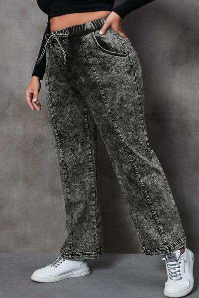 Plus Size Drawstring Pocketed Straight Jeans - Trendsi - Flyclothing LLC