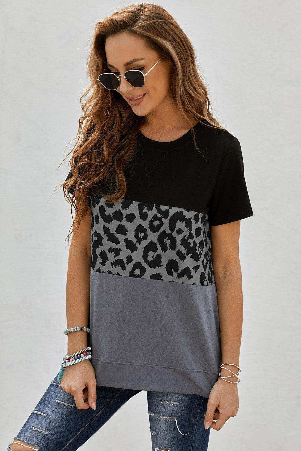 Leopard Print Color Block Short Sleeve T-Shirt - Trendsi - Flyclothing LLC