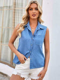 Pocketed Button Up Sleeveless Denim Top - Trendsi - Flyclothing LLC