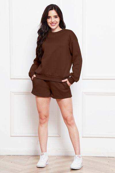 Round Neck Long Sleeve Sweatshirt and Drawstring Shorts Set - Trendsi - Flyclothing LLC