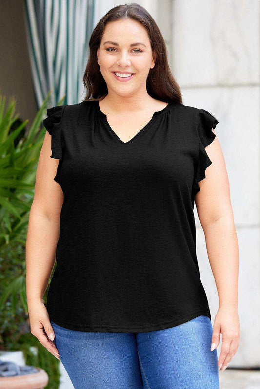Plus Size Flutter Sleeve Notched Blouse - Trendsi - Flyclothing LLC