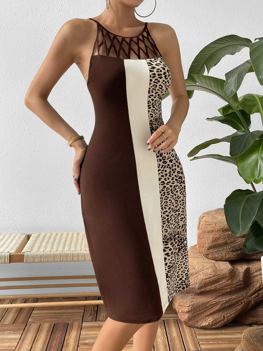 Leopard Color Block Cutout Sleeveless Knee-Length Dress - Trendsi - Flyclothing LLC