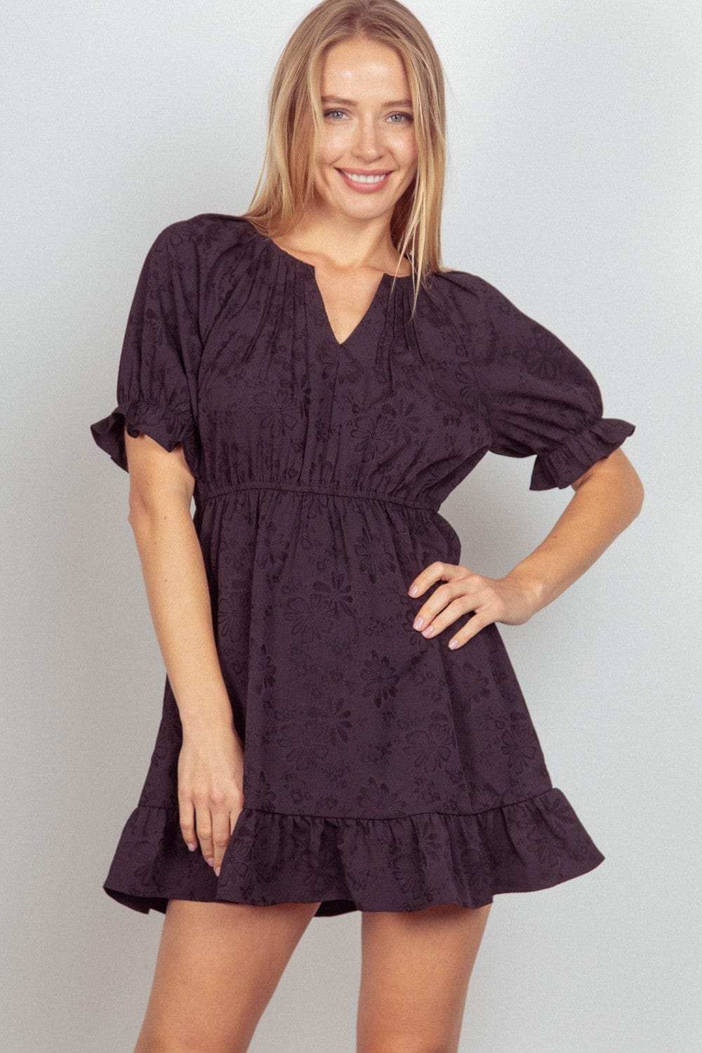 VERY J Floral Textured Woven Ruffled Mini Dress - Trendsi - Flyclothing LLC