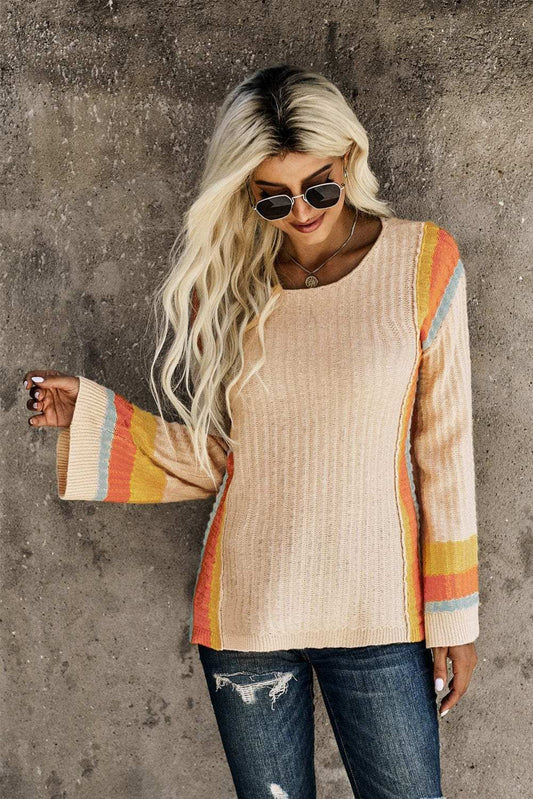 Striped Round Neck Long Sleeve Sweater - Trendsi - Flyclothing LLC