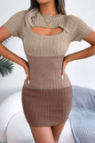 Color Block Cutout Short Sleeve Sweater Dress - Trendsi - Flyclothing LLC