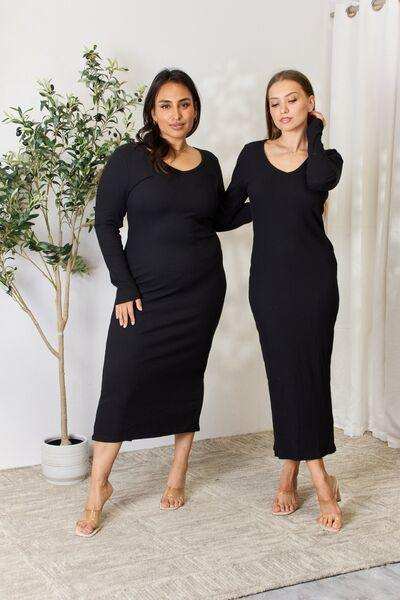Culture Code Full Size Ribbed Long Sleeve Midi Slit Dress - Trendsi - Flyclothing LLC