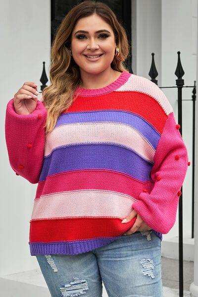 Plus Size Color Block Pom-Pom Trim Sweater - Trendsi - Flyclothing LLC