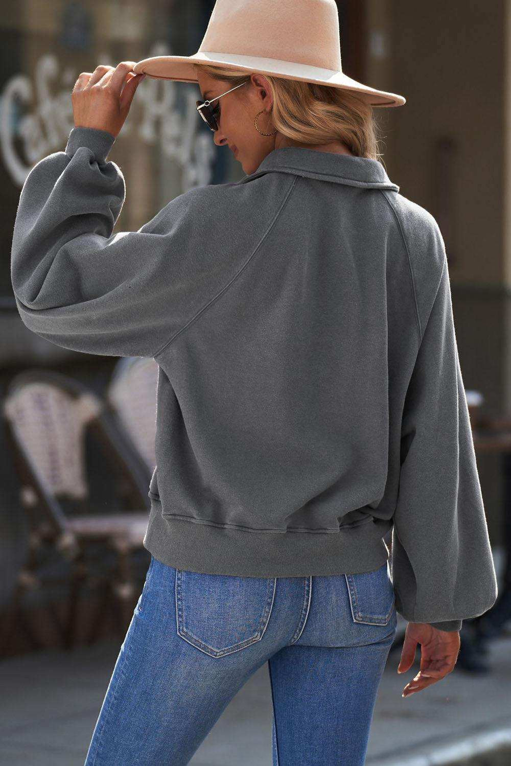 Quarter-Snap Collared Lantern Sleeve Sweatshirt - Trendsi - Flyclothing LLC