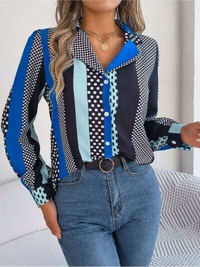 Polka Dot Contrast Long Sleeve Shirt - Trendsi - Flyclothing LLC