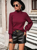Mock Neck Ribbed Lantern Sleeve Pullover Sweater - Trendsi - Flyclothing LLC