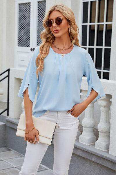Round Neck Slit Half Sleeve Top - Trendsi - Flyclothing LLC