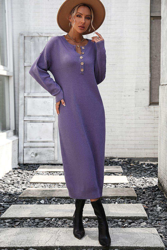 Notched Neck Dropped Shoulder Button-Down Midi Dress - Trendsi - Flyclothing LLC