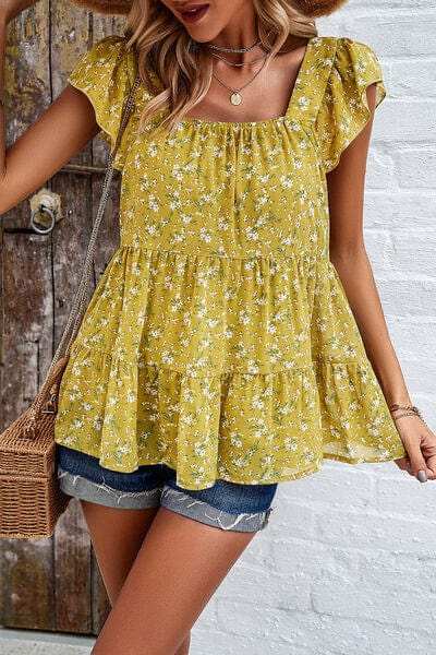 Printed Square Neck Cap Sleeve Blouse - Trendsi - Flyclothing LLC