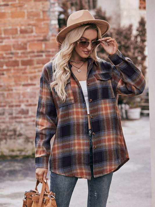 Plaid Dropped Shoulder Longline Shirt - Trendsi - Flyclothing LLC
