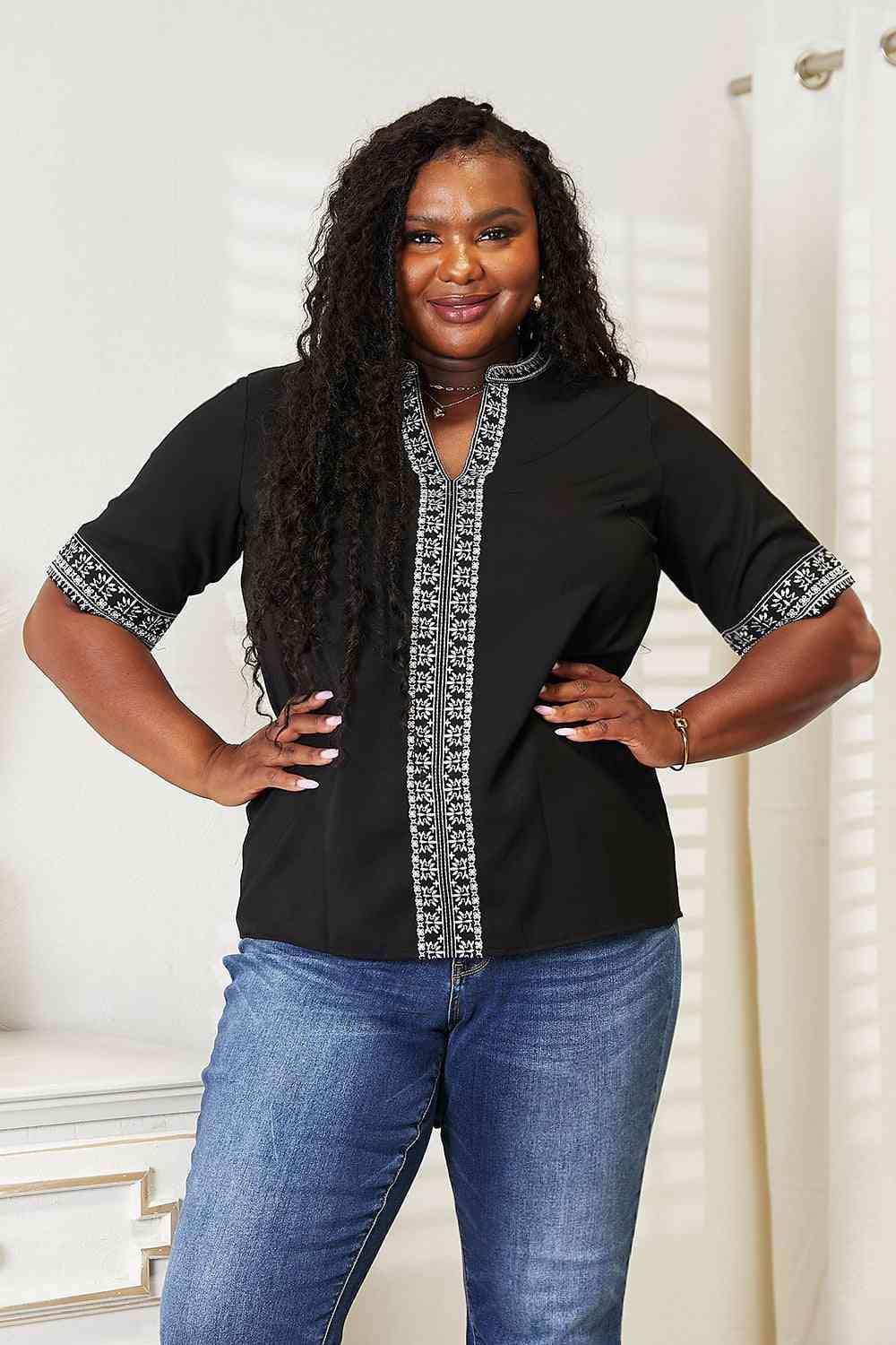 Double Take Embroidered Notched Neck Top - Trendsi - Flyclothing LLC
