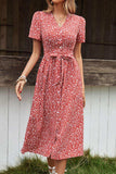 Ditsy Floral Button Front Tied Puff Sleeve Dress - Trendsi - Flyclothing LLC